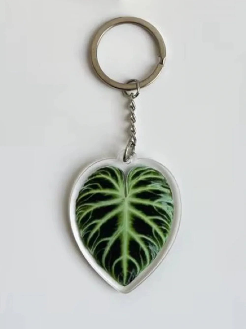 Jewel Anthurium Green Leaf Heart Keychain - Silver Hardware - NEW!